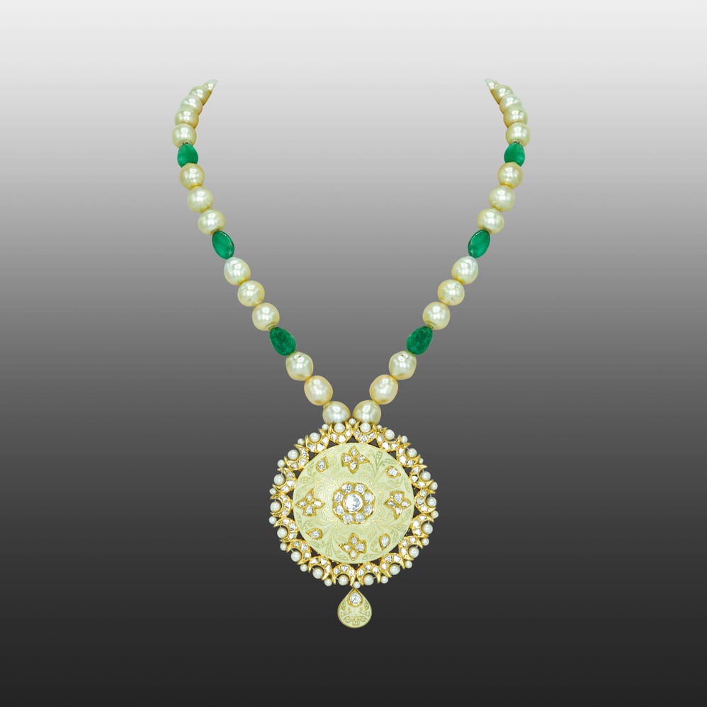 Ivory-Mint Enamel Pendant Necklace with Pearls and Emeralds